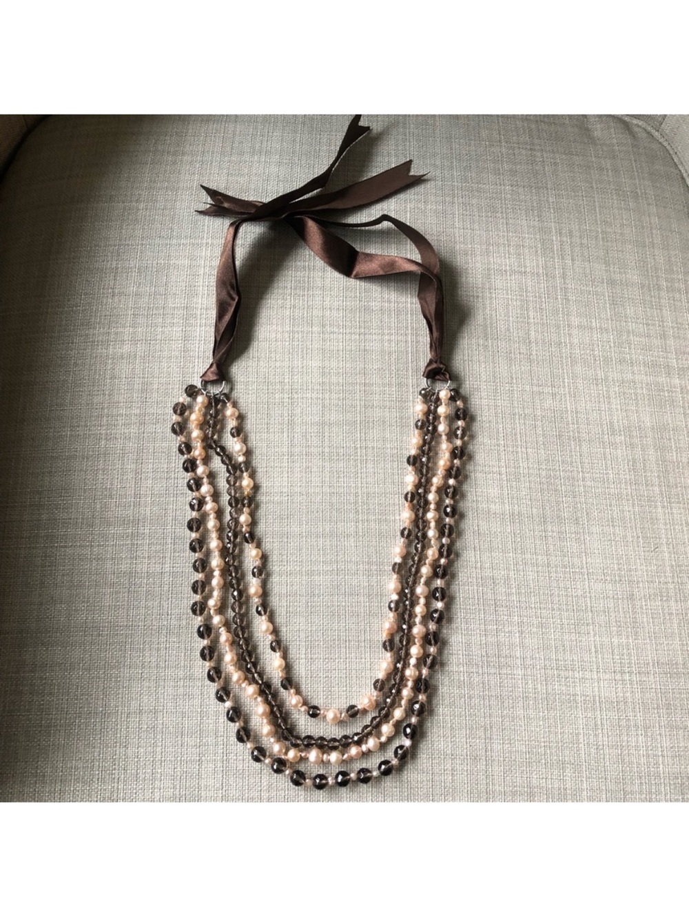 Genuine Smokey Quartz and Pearl Ribbon Multi Strand Choker Necklace